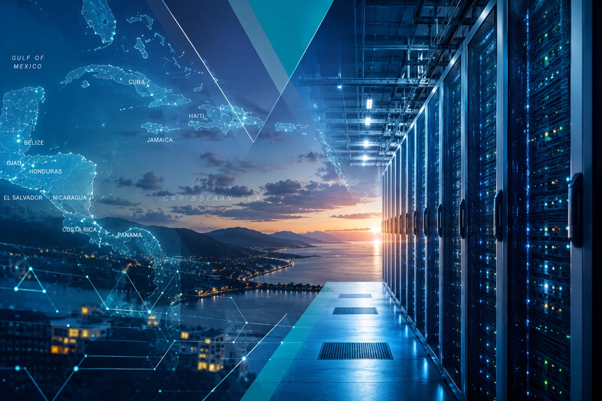 Caribbean and Mesoamerica connectivity map merging into a data center corridor at sunrise, symbolizing the infrastructure rebuild of the AI era.